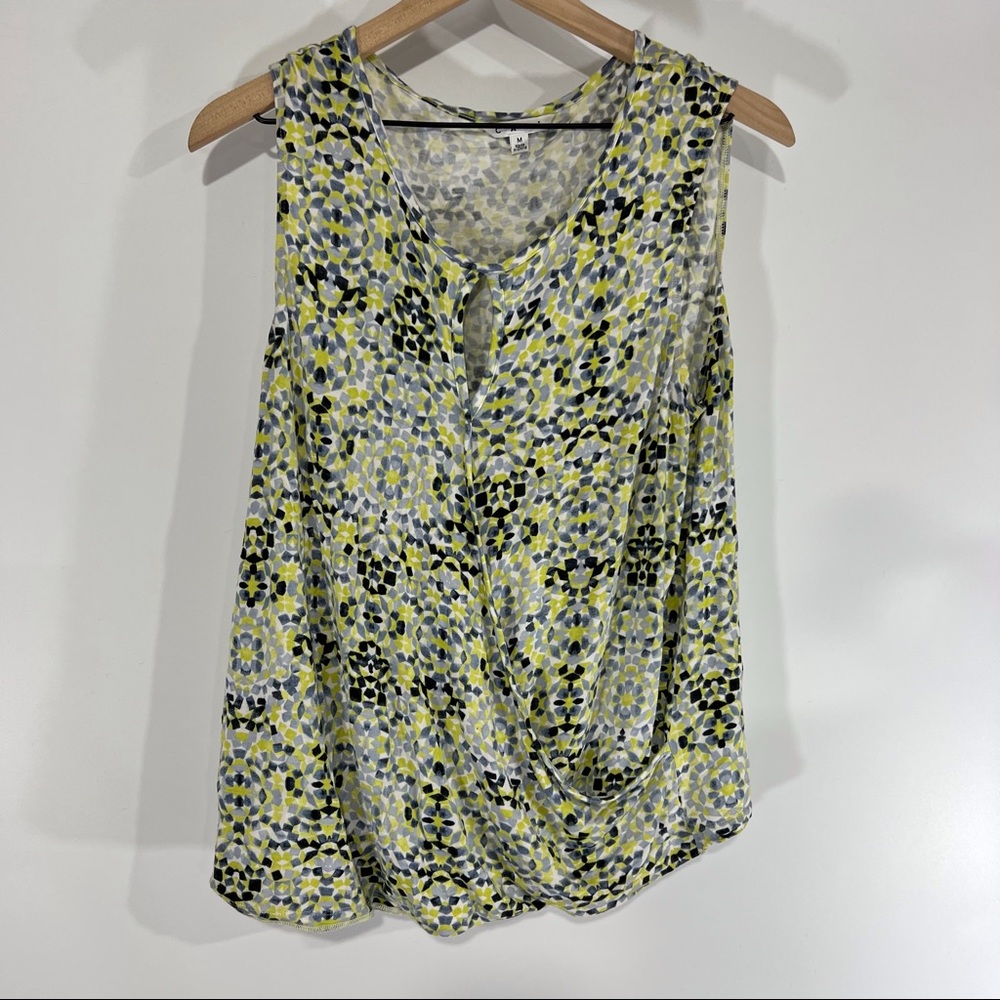 Cabi Black Green Sleeve Pattern V-Neck Top Blouse
